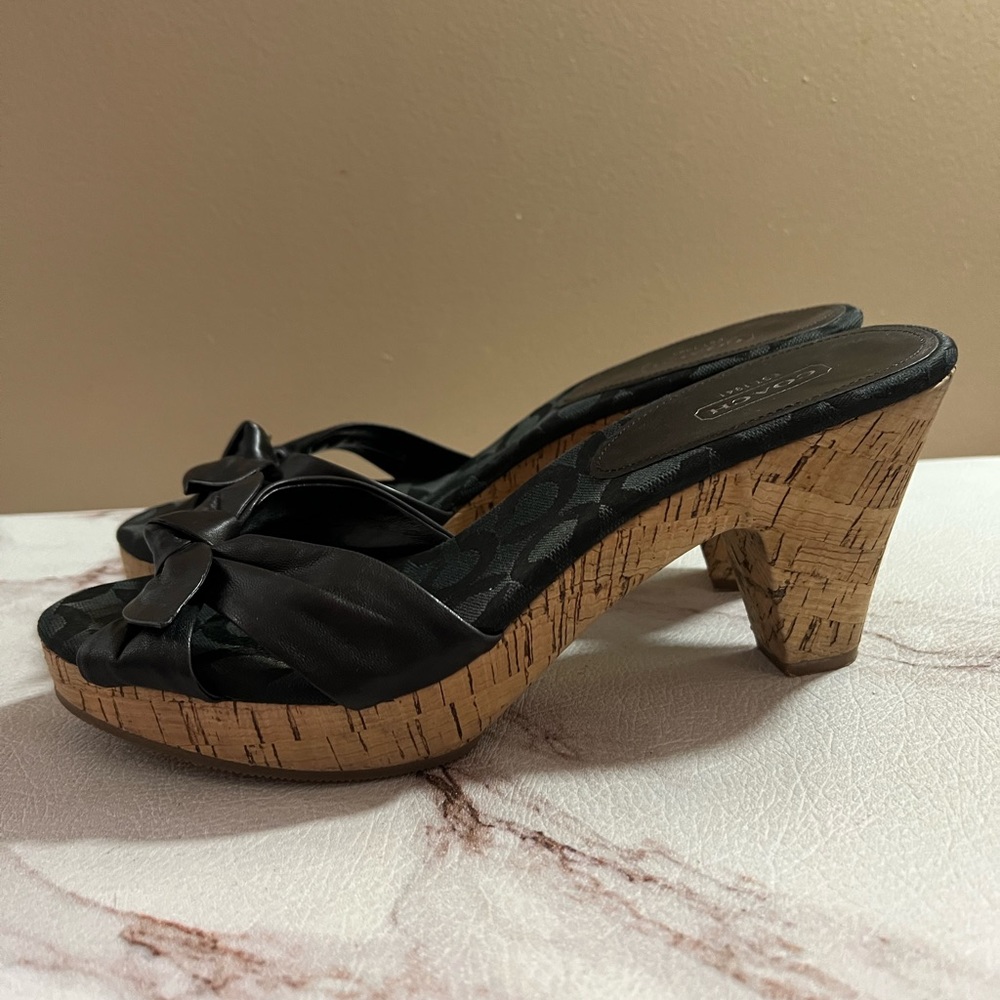 COACH 11 KAREN Cork Wedge Black Leather Upper Bow Slides Platform Sandals